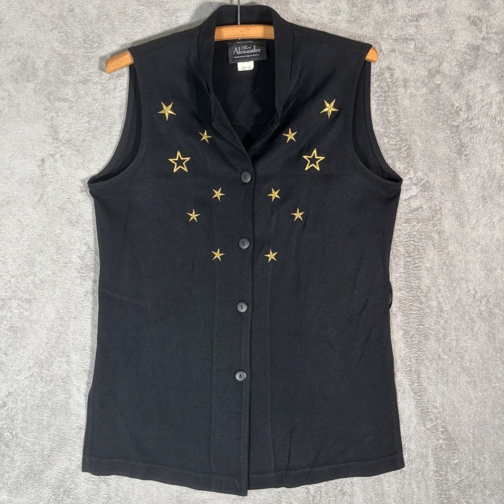 Tori Alexander Vintage Black Gold Star Embroidered Button Front Tie Back Size 10